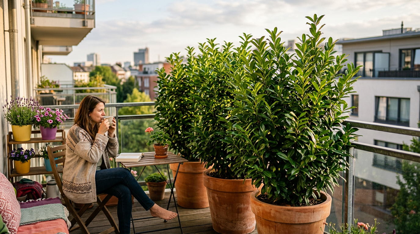 Kirschlorbeer im Kbel: Effektiver Sichtschutz fr Balkon und Terrasse